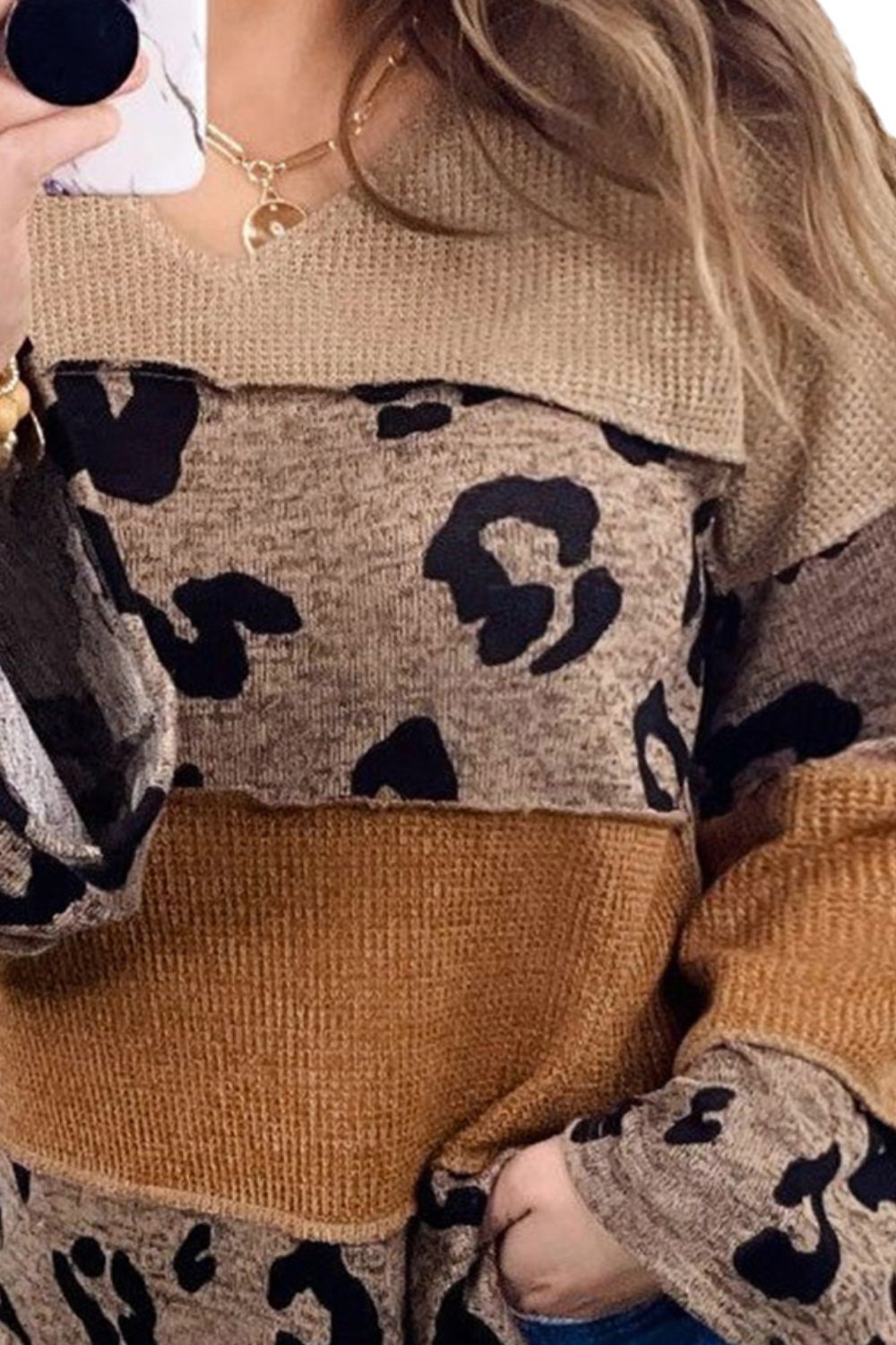 Plus Size Leopard Exposed Seam V-Neck Blouse - Tantalize Boutique