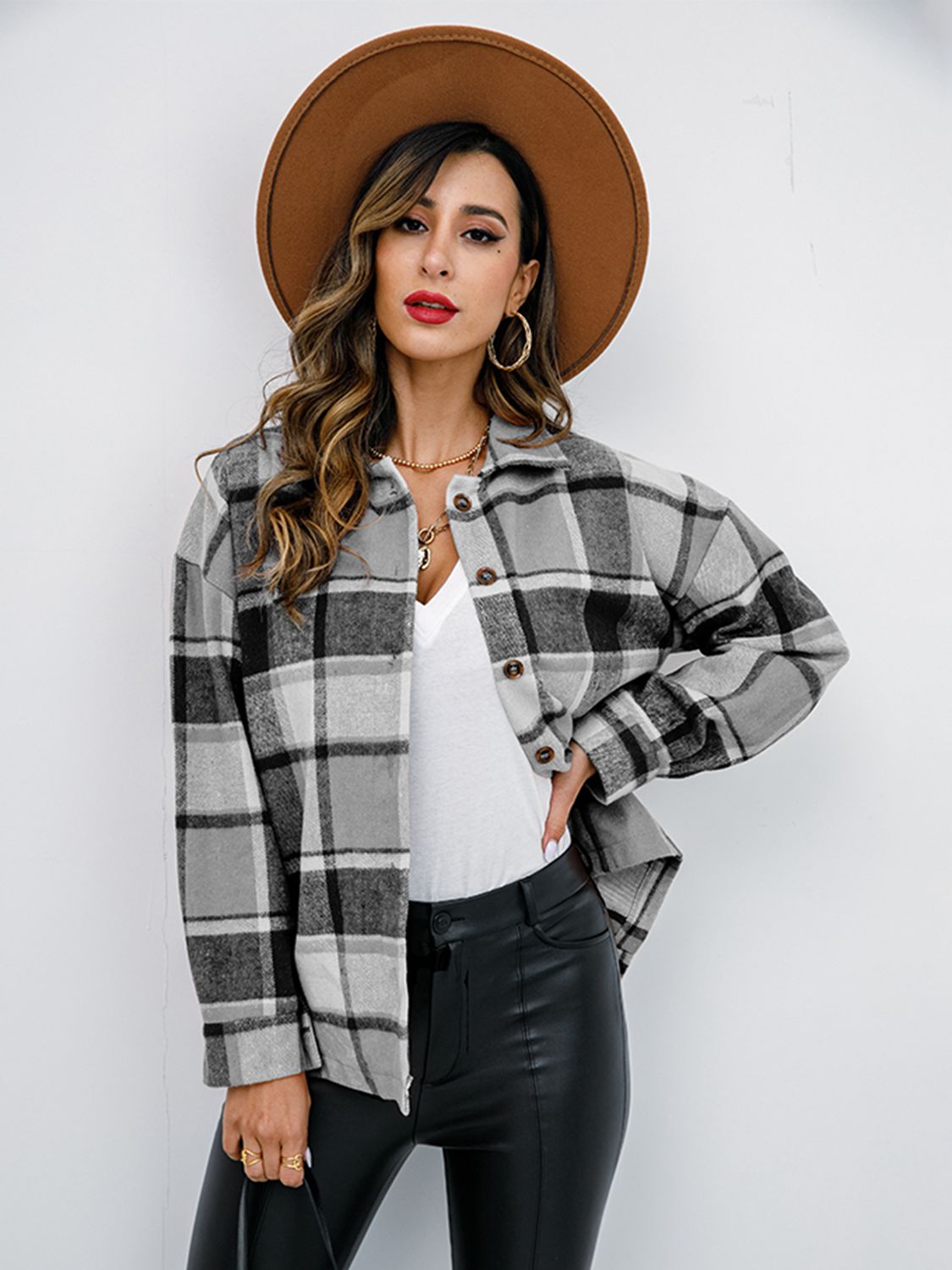 Plaid Button Up Collared Neck Jacket - Tantalize Boutique