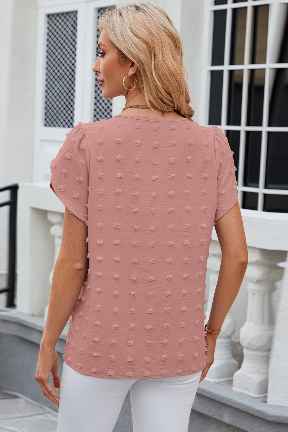 Swiss Dot Round Neck Short Sleeve T-Shirt - Tantalize Boutique