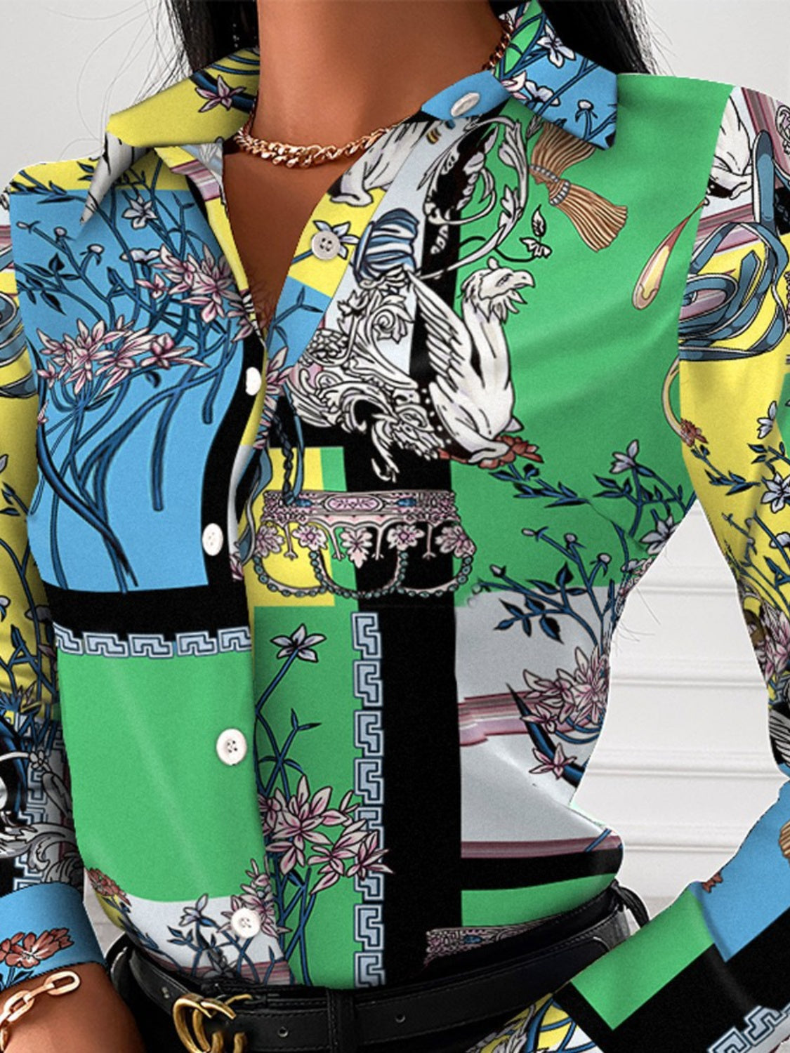 Printed Collared Neck Long Sleeve Shirt - Tantalize Boutique