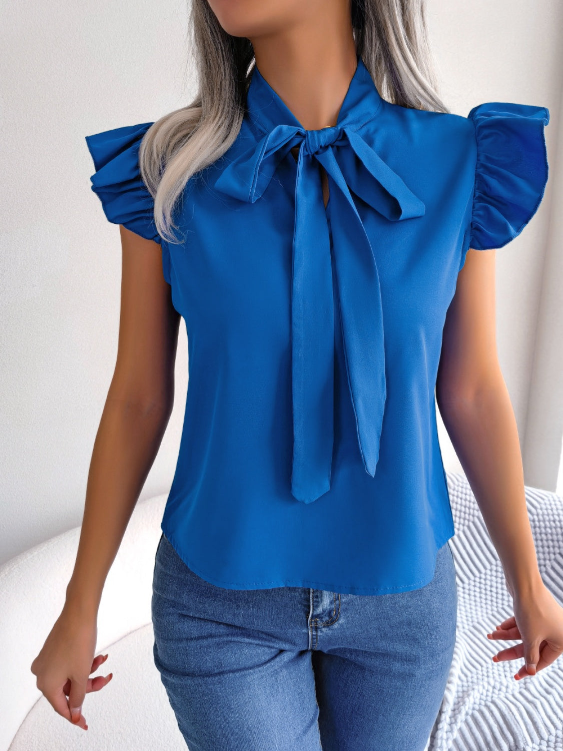 Tie  Neck Cap Sleeve Blouse - Tantalize Boutique