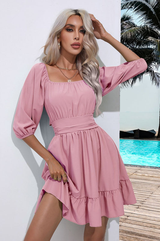 Square Neck Tie Back Ruffle Hem Dress - Tantalize Boutique