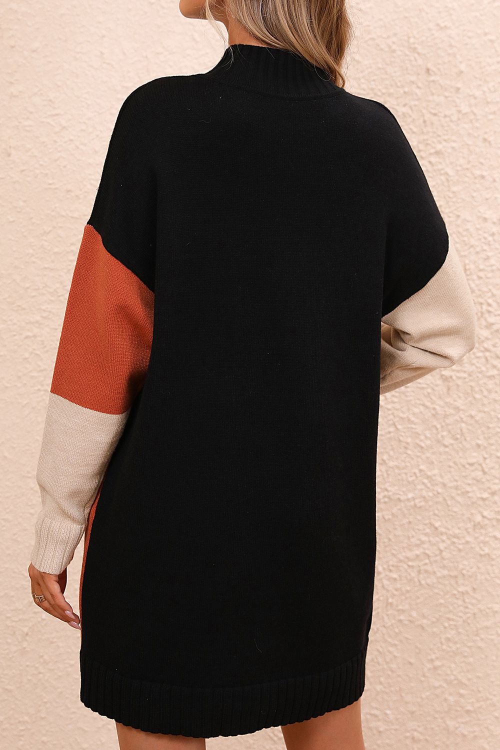 Color Block Mock Neck Dropped Shoulder Sweater Dress - Tantalize Boutique