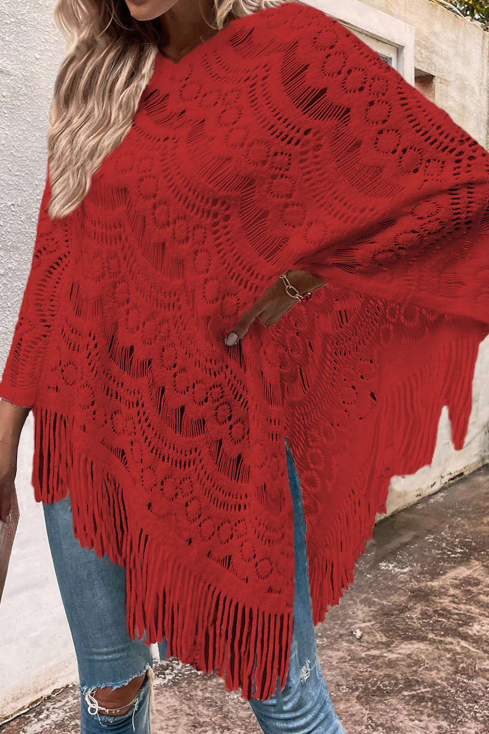 Openwork Fringe Detail Poncho - Tantalize Boutique
