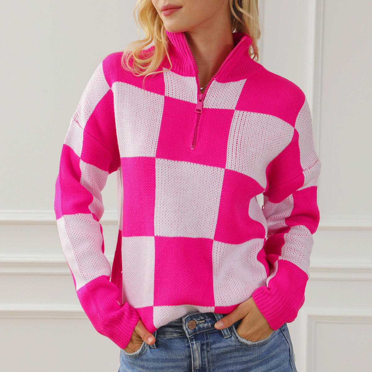 Checkered Half Zip Long Sleeve Sweater - Tantalize Boutique
