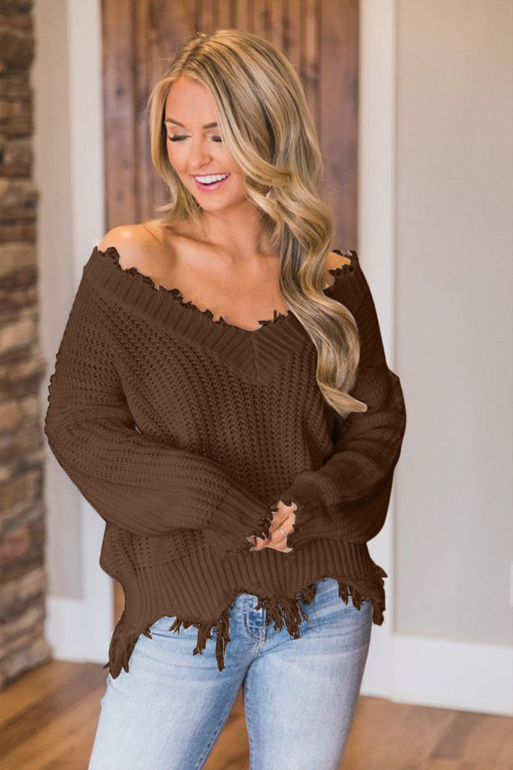 Frayed Hem Dropped Shoulder Sweater - Tantalize Boutique