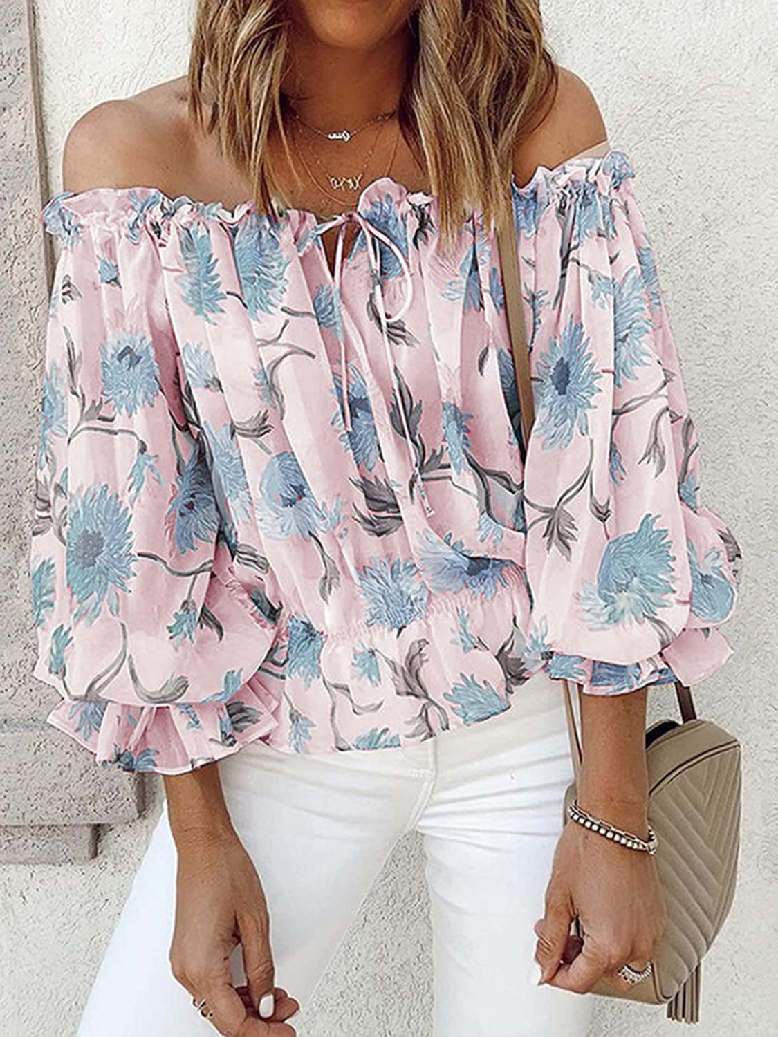 Floral Off-Shoulder Flounce Sleeve Blouse - Tantalize Boutique