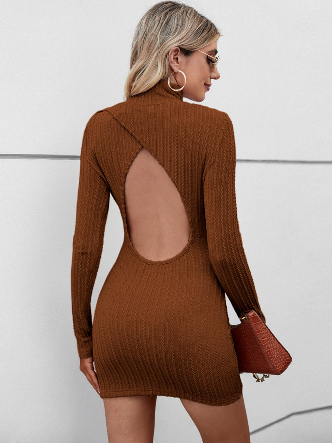 Textured Cutout Mock Neck Wrap Dress - Tantalize Boutique