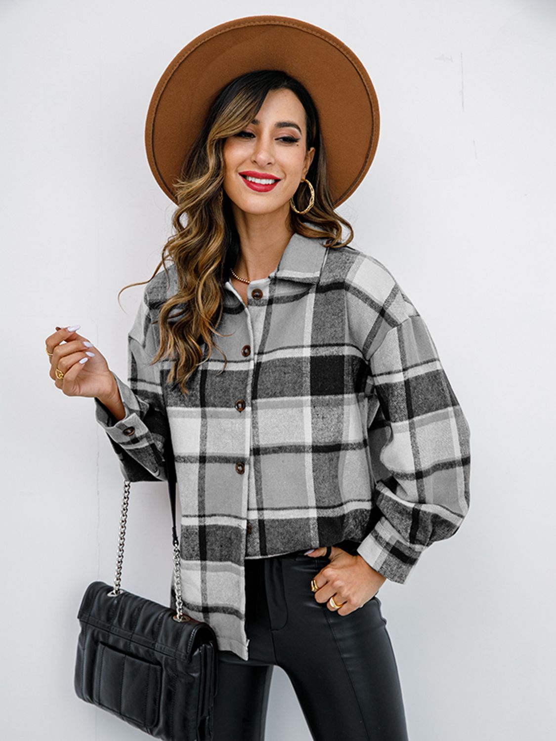 Plaid Button Up Collared Neck Jacket - Tantalize Boutique