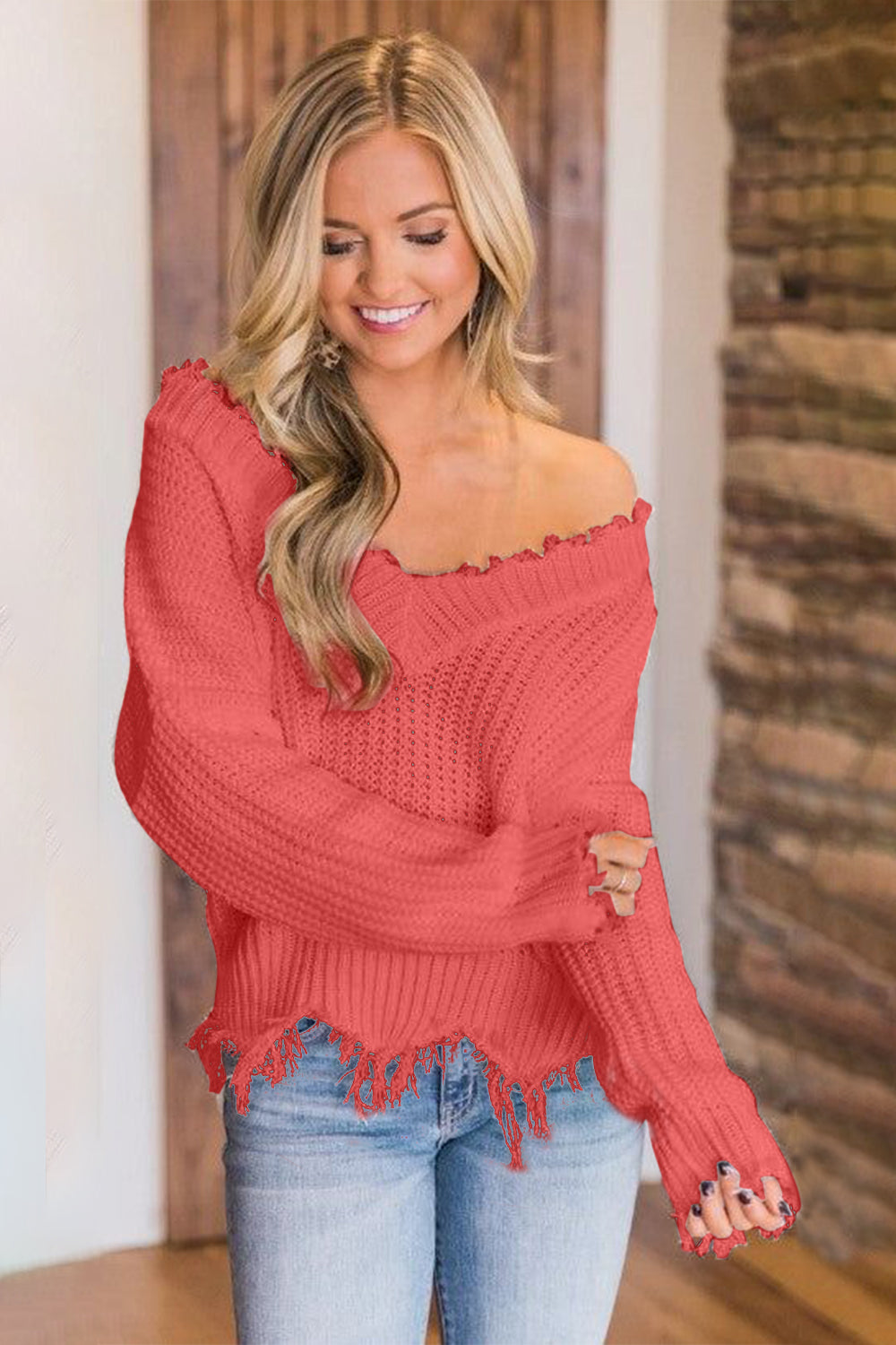 Frayed Hem Dropped Shoulder Sweater - Tantalize Boutique