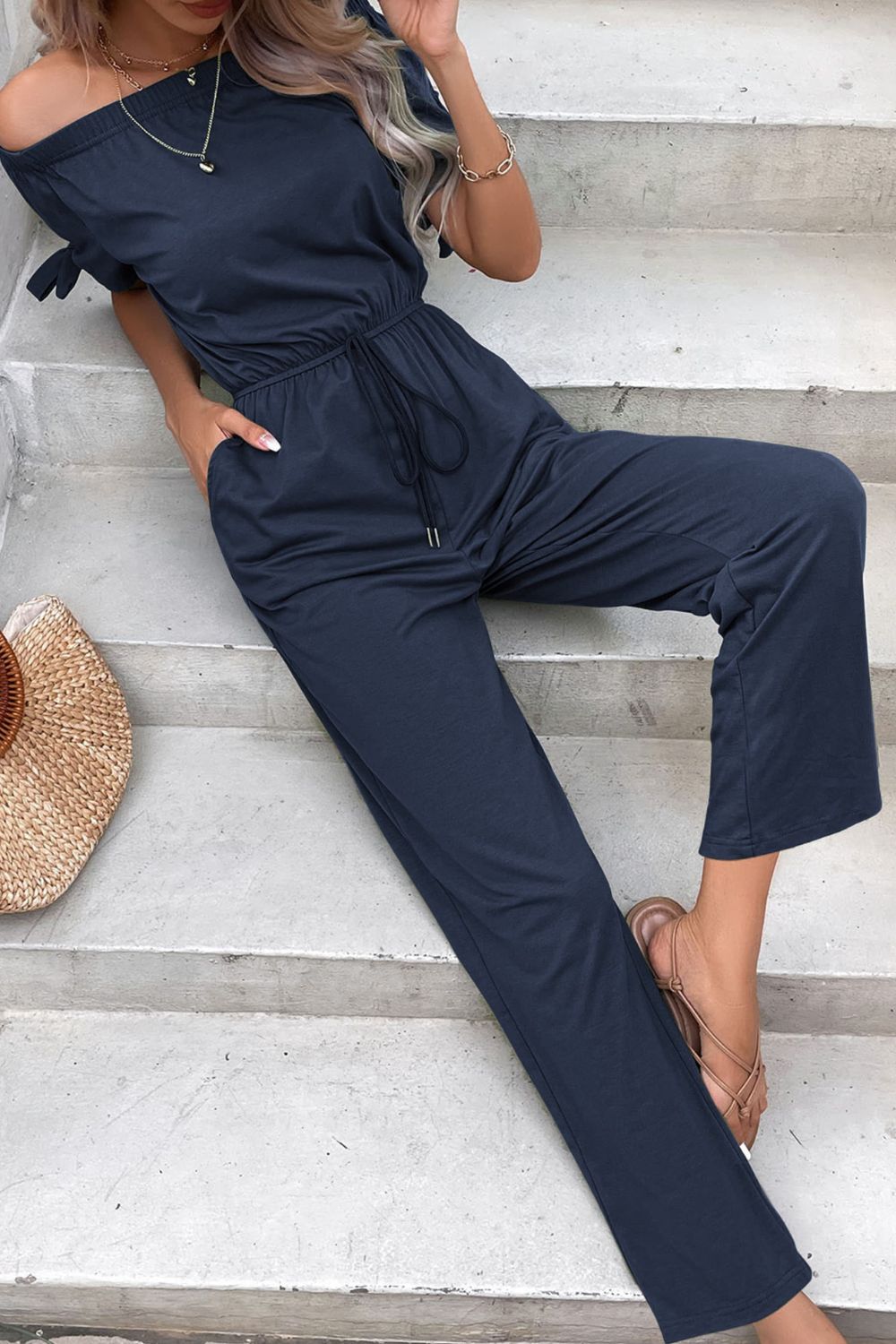 Off-Shoulder Tie Cuff Jumpsuit with Pockets - Tantalize Boutique
