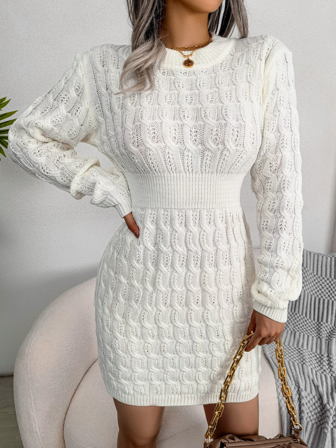 Cable-Knit Round Neck Mini Wrap Sweater Dress - Tantalize Boutique