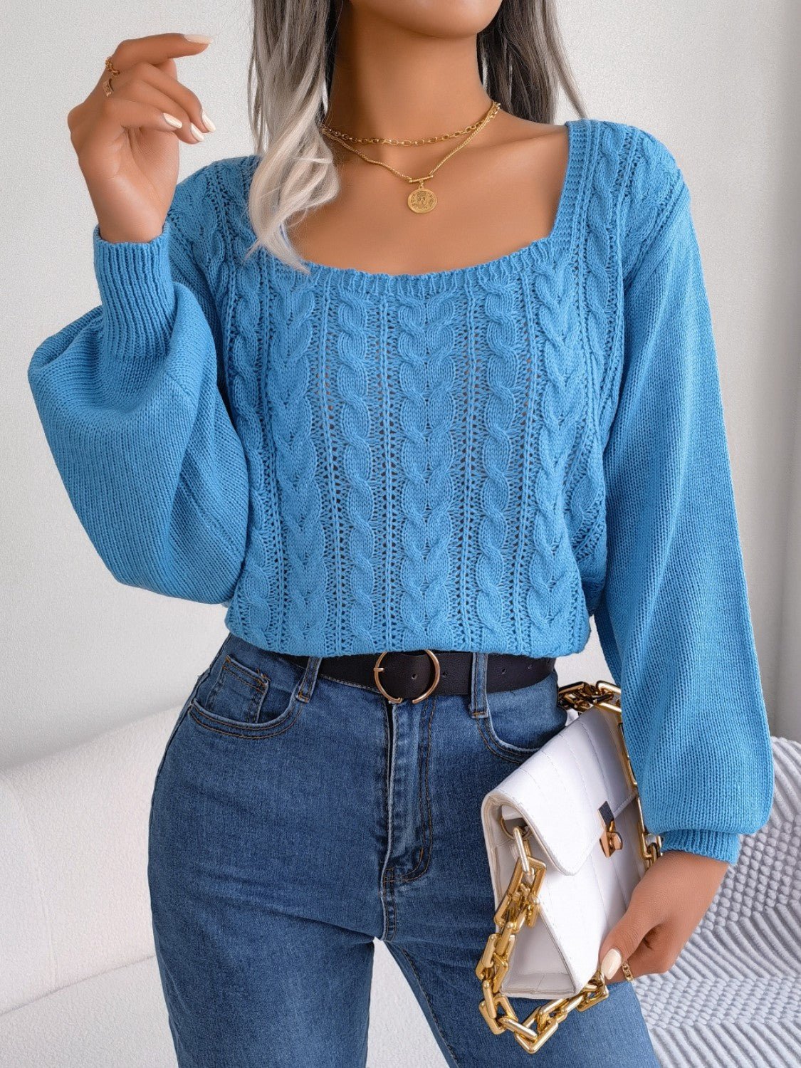 Cable-Knit Square Neck Long Sleeve Sweater - Tantalize Boutique
