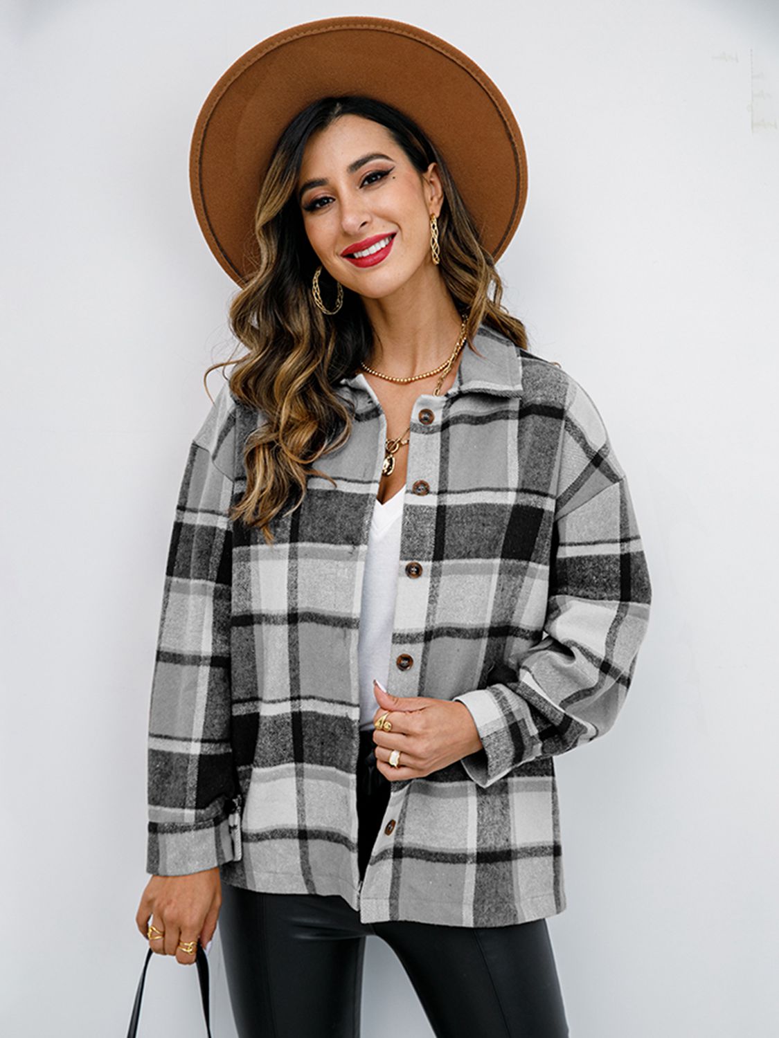 Plaid Button Up Collared Neck Jacket - Tantalize Boutique