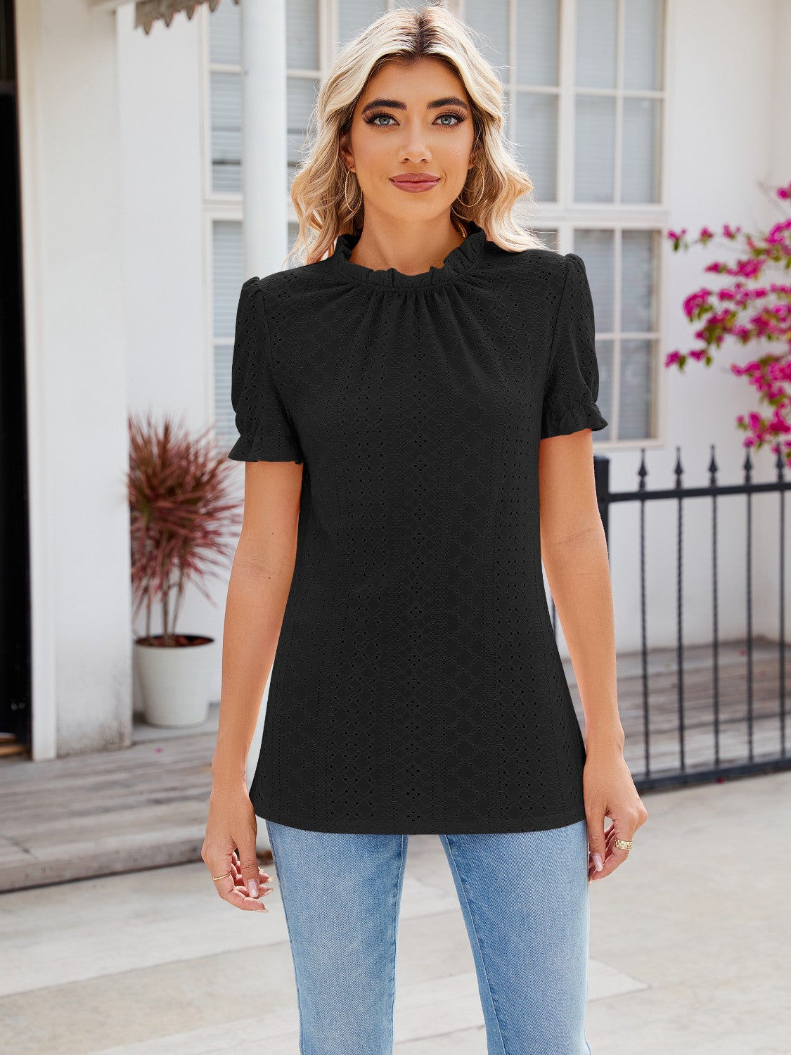 Eyelet Frill Mock Neck Flounce Sleeve Blouse - Tantalize Boutique