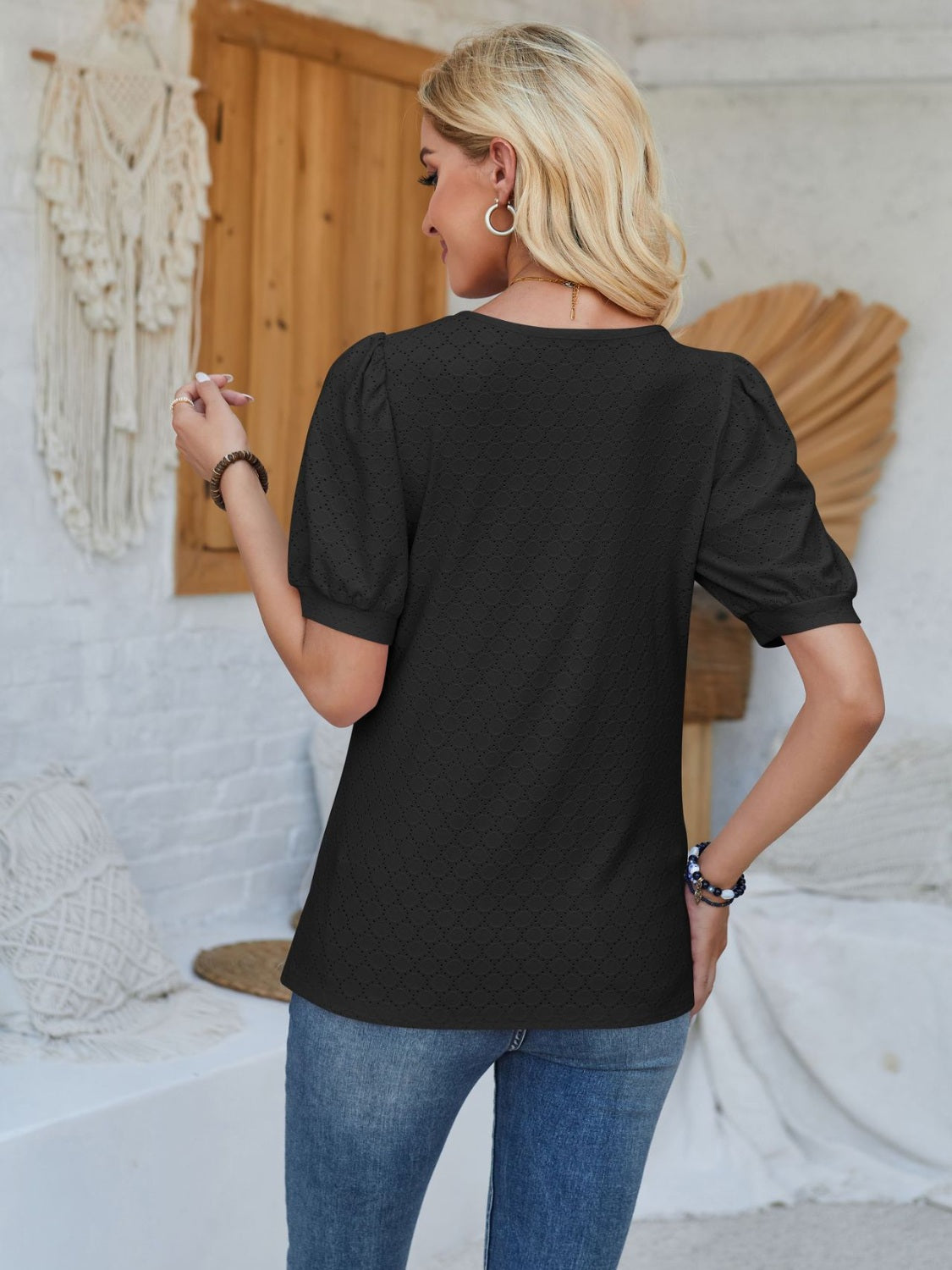 Eyelet Asymmetrical Neck Short Sleeve T-Shirt - Tantalize Boutique