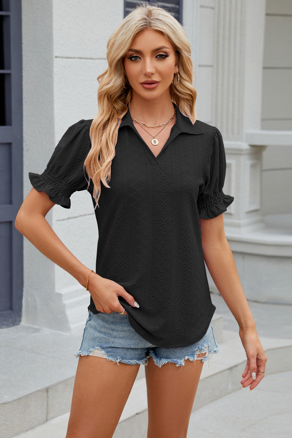 Eyelet Johnny Collar Short Sleeve Blouse - Tantalize Boutique