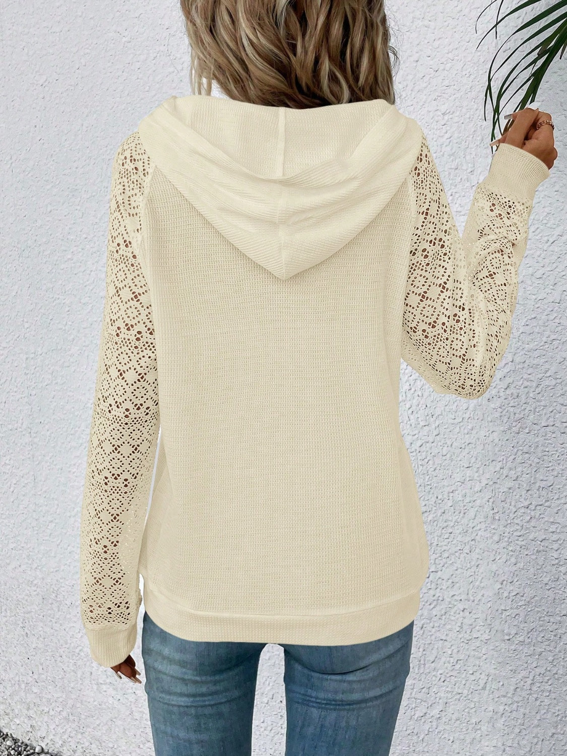 Waffle-Knit Lace Kangaroo Pocket Hoodie - Tantalize Boutique