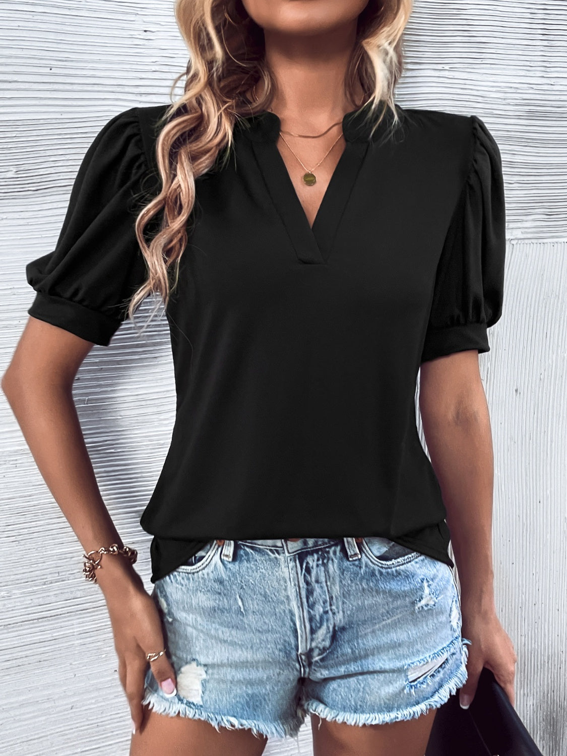 Notched Puff Sleeve Blouse - Tantalize Boutique
