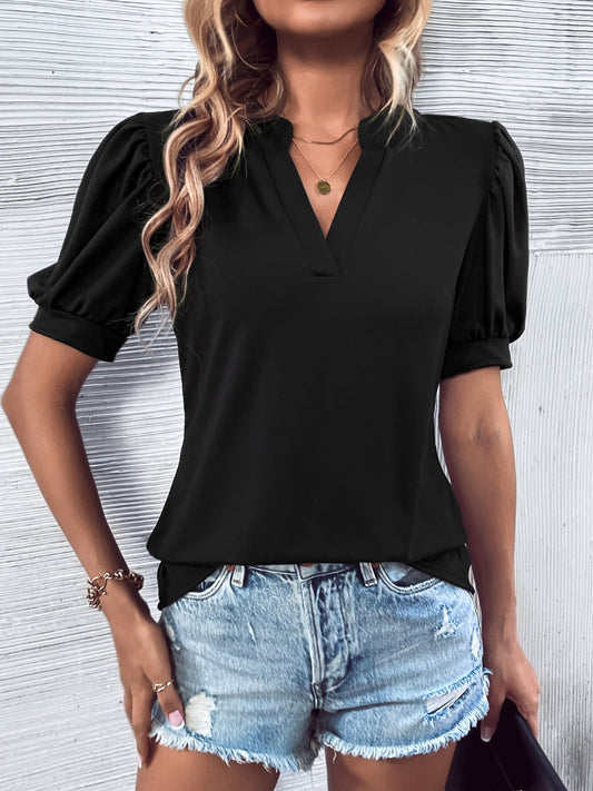 Notched Puff Sleeve Blouse - Tantalize Boutique