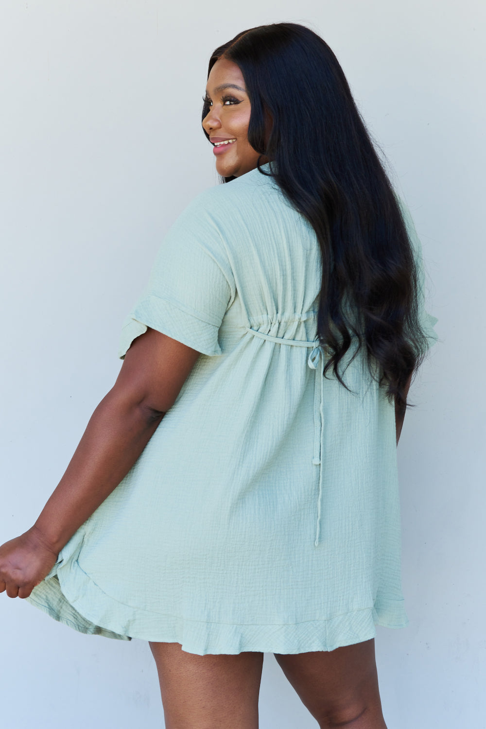 Ninexis Out Of Time Full Size Ruffle Hem Dress with Drawstring Waistband in Light Sage - Tantalize Boutique