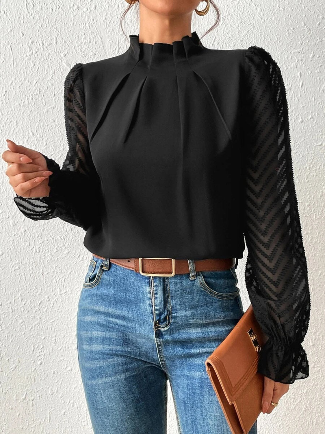 Mock Neck Flounce Sleeve Blouse - Tantalize Boutique