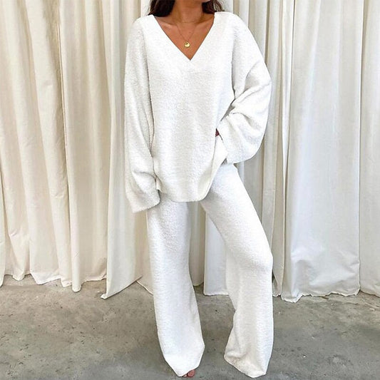 V-Neck Long Sleeve Top and Long Pants Set - Tantalize Boutique