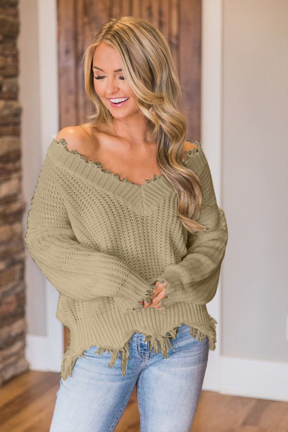 Frayed Hem Dropped Shoulder Sweater - Tantalize Boutique