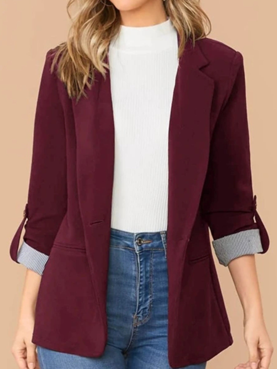 Lapel Collar Roll-Tab Sleeve Blazer - Tantalize Boutique