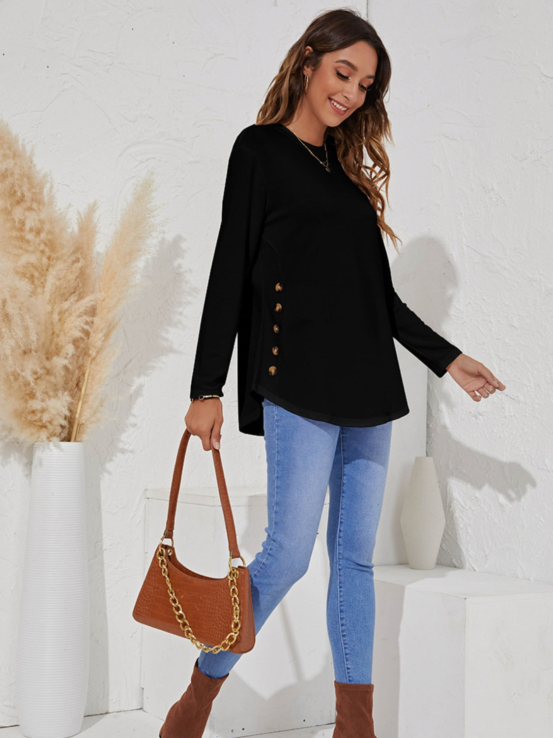 Decorative Button Round Neck Long Sleeve T-Shirt - Tantalize Boutique