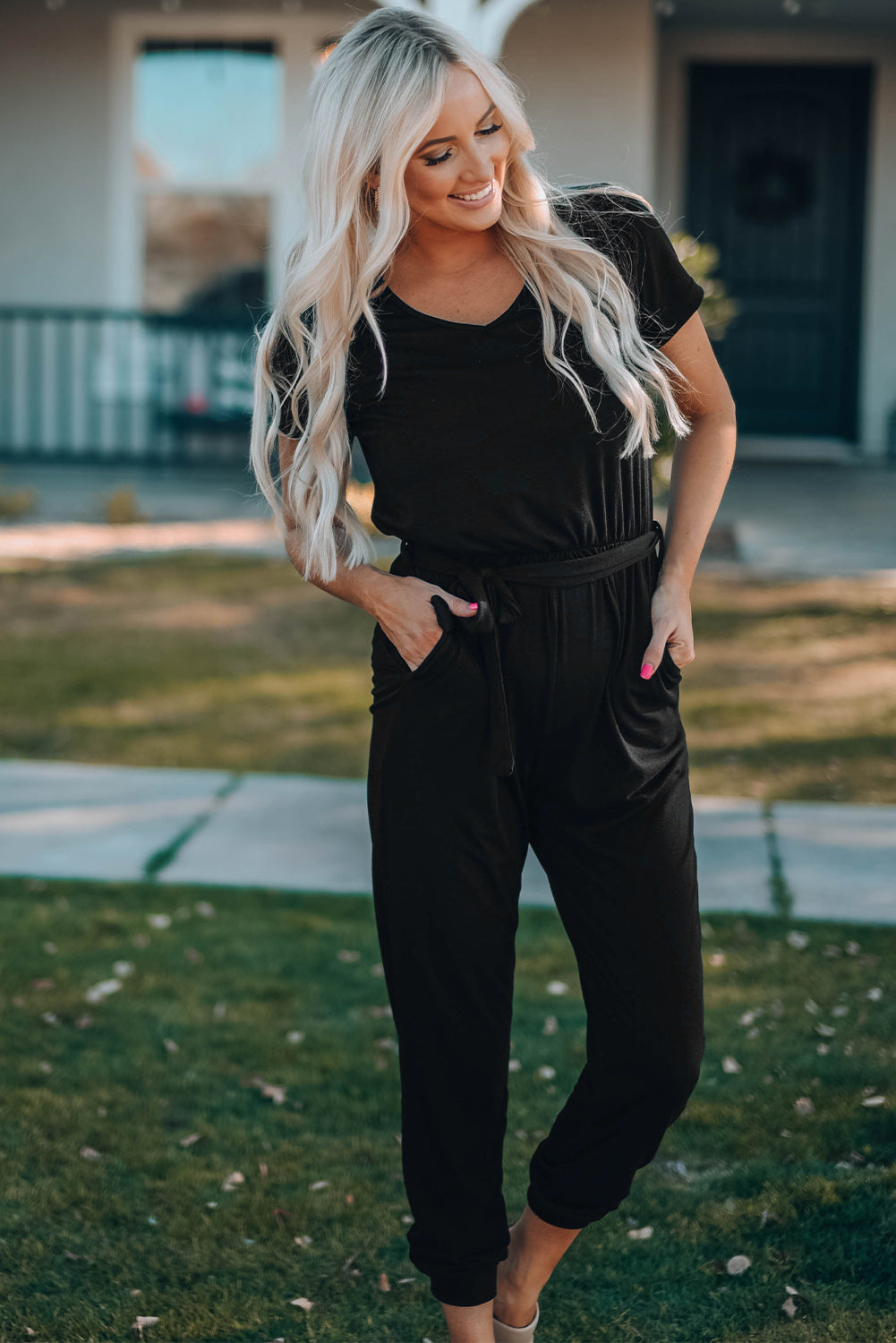 Belted V-Neck Jogger Jumpsuit - Tantalize Boutique