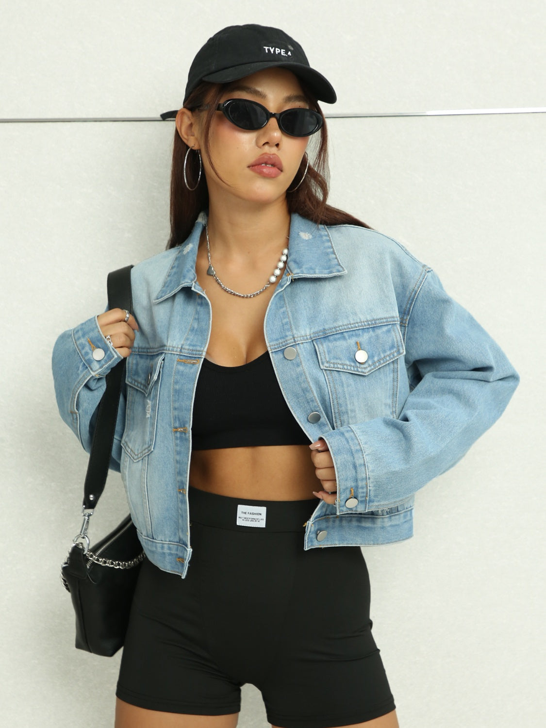 Distressed Button Up Denim Jacket with Pockets - Tantalize Boutique