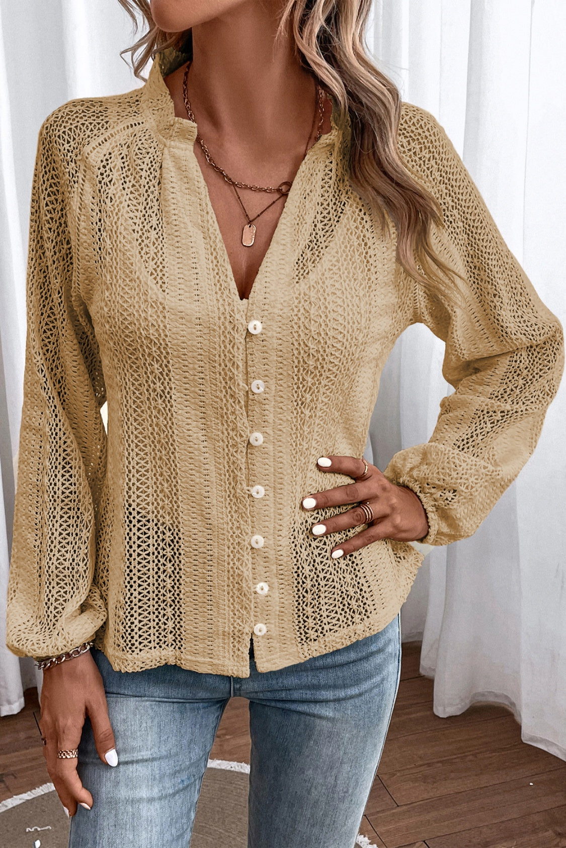 Openwork Button Up Long Sleeve Shirt - Tantalize Boutique