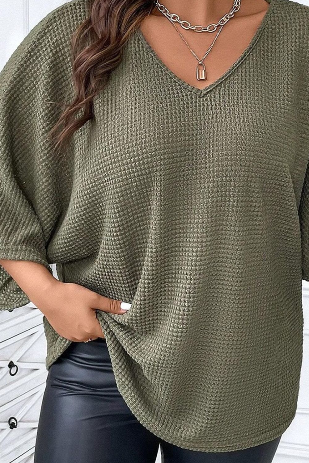 Plus Size Waffle-Knit V-Neck Blouse - Tantalize Boutique