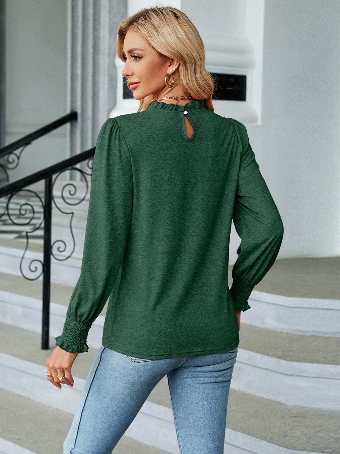 Frill Mock Neck Long Sleeve Blouse - Tantalize Boutique