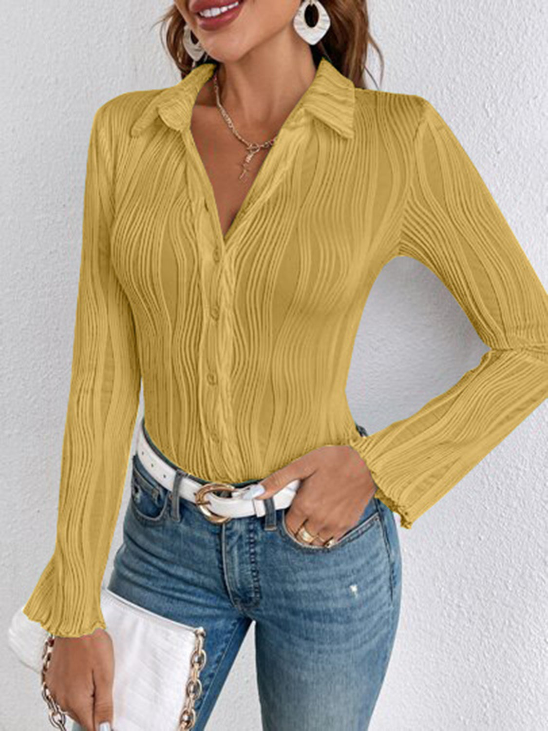 Collared Neck Long Sleeve Shirt - Tantalize Boutique