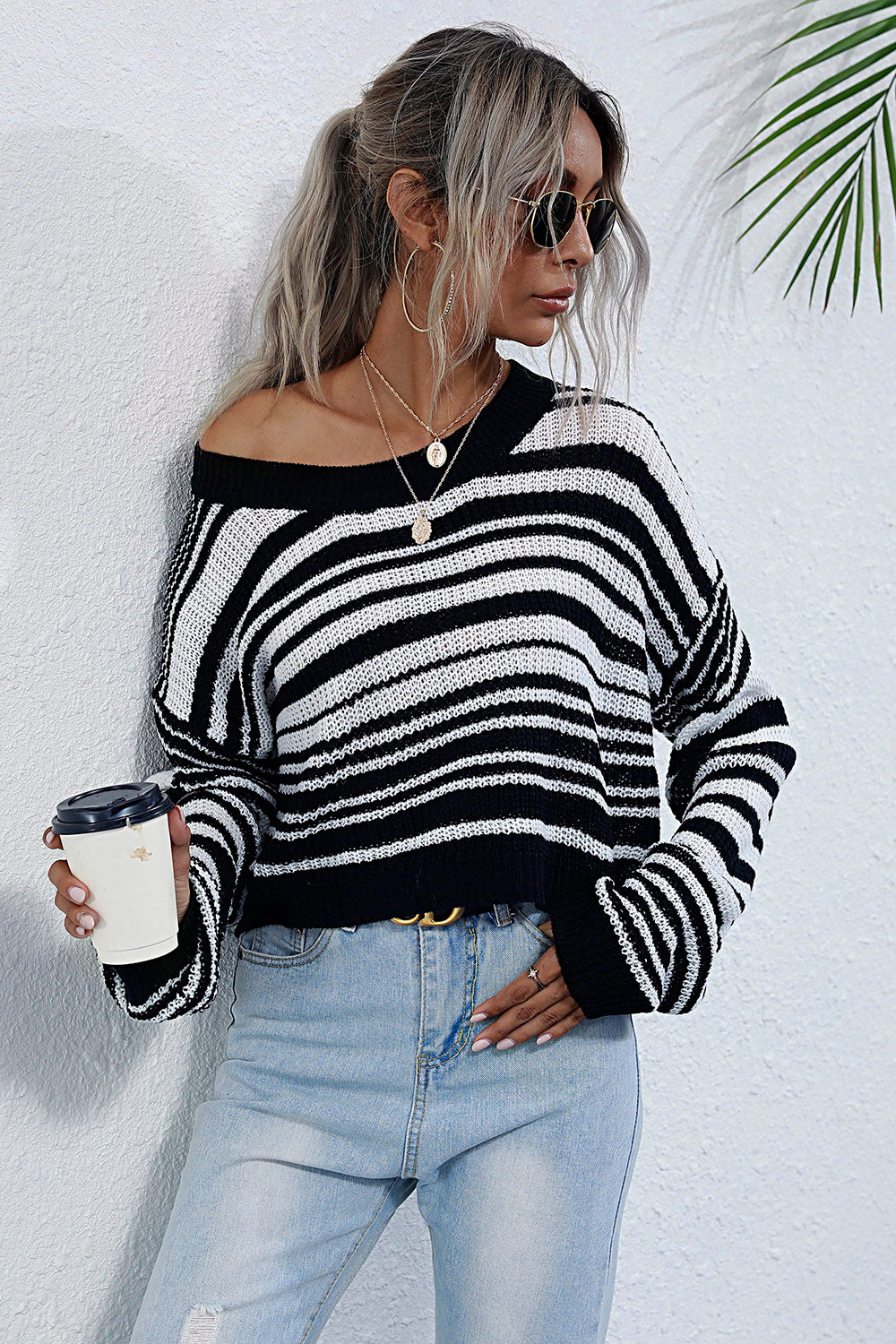 Striped Round Neck Dropped Shoulder Sweater - Tantalize Boutique