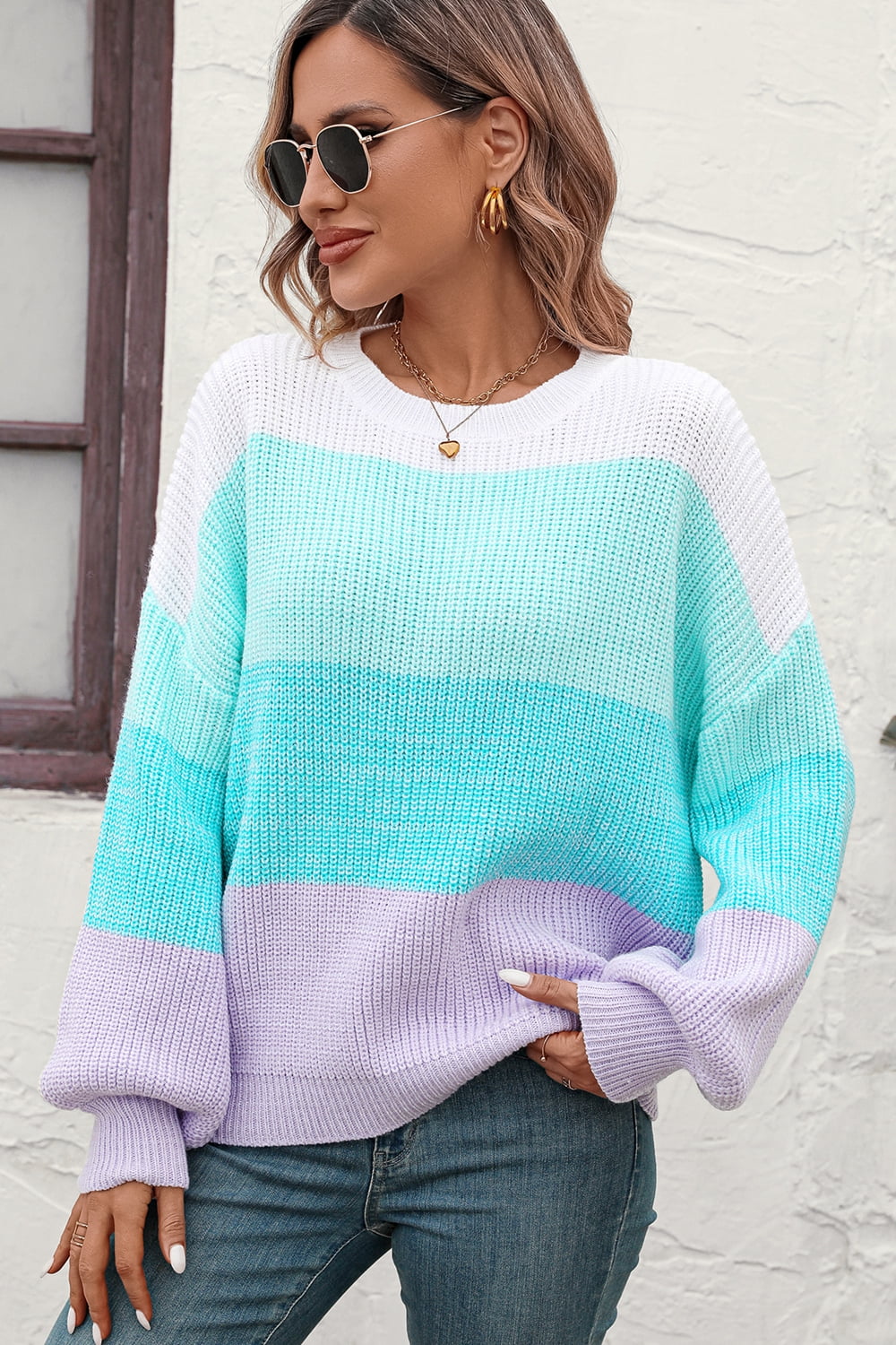 Round Neck Color Block Ribbed Pullover Sweater - Tantalize Boutique