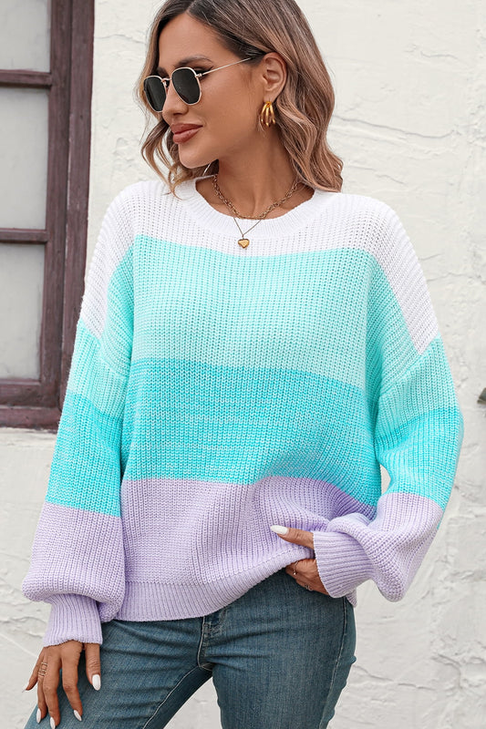 Round Neck Color Block Ribbed Pullover Sweater - Tantalize Boutique