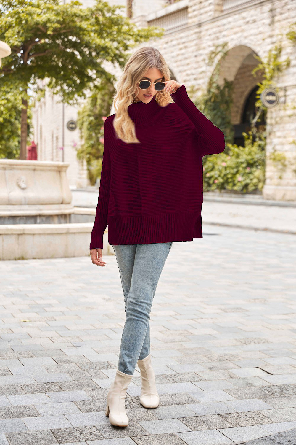 Ribbed Turtleneck Long Sleeve Slit Sweater - Tantalize Boutique