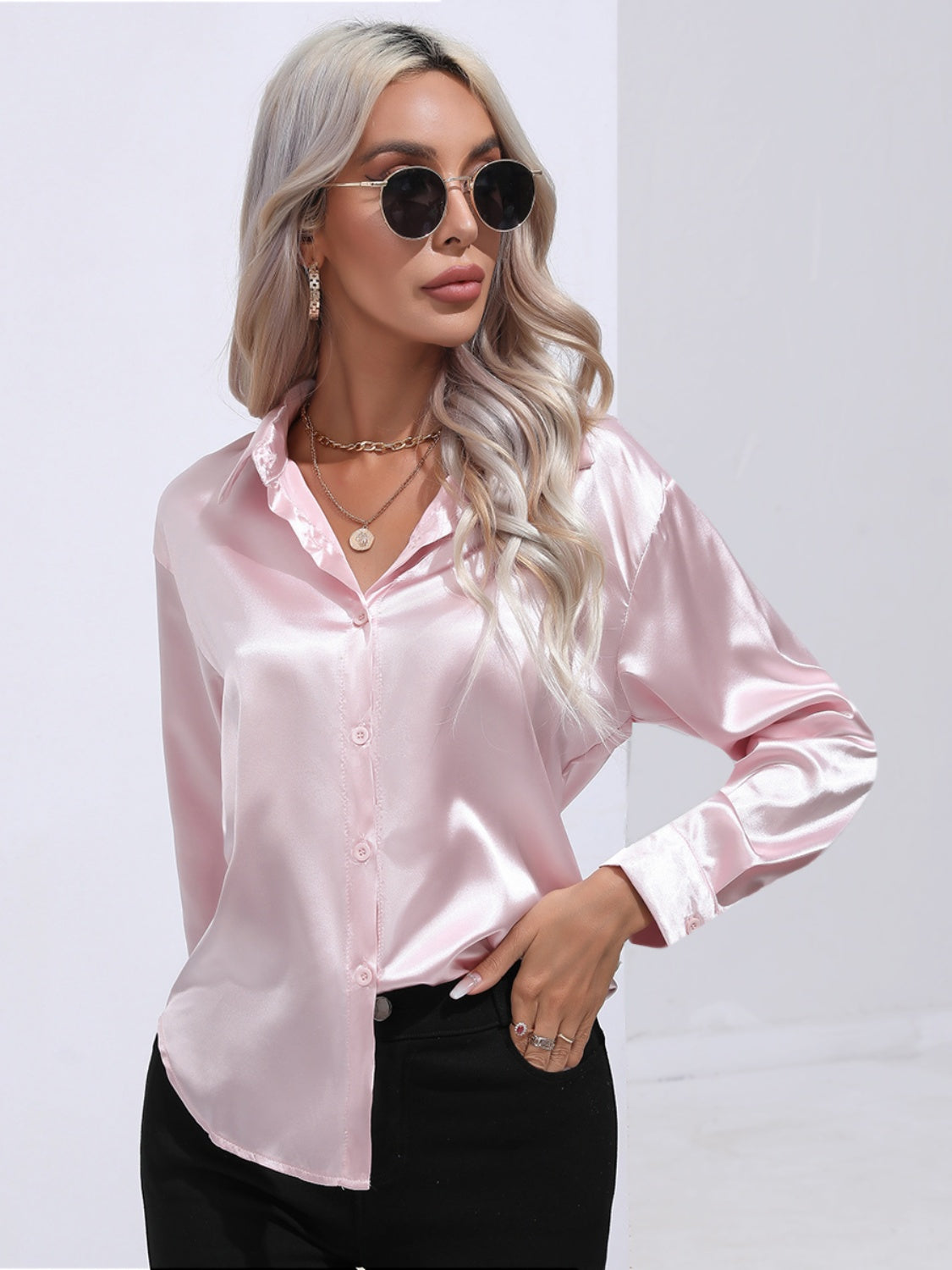 Collared Neck Buttoned Long Sleeve Shirt - Tantalize Boutique