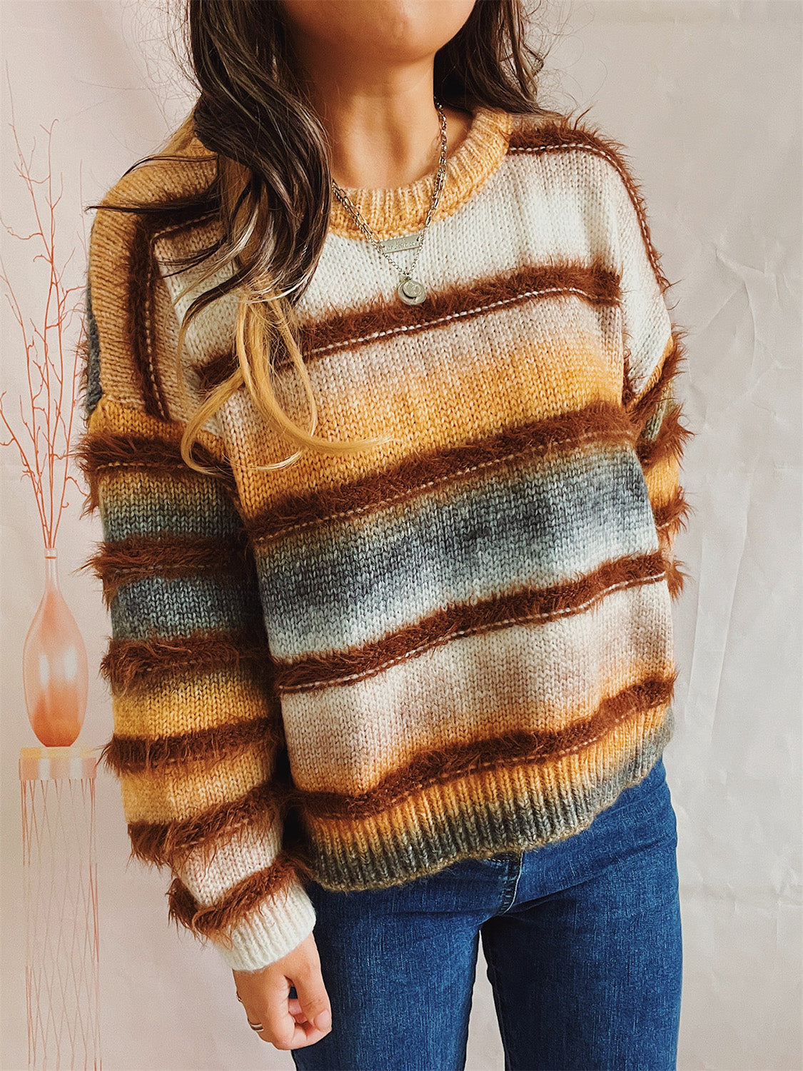Striped Round Neck Long Sleeve Sweater - Tantalize Boutique
