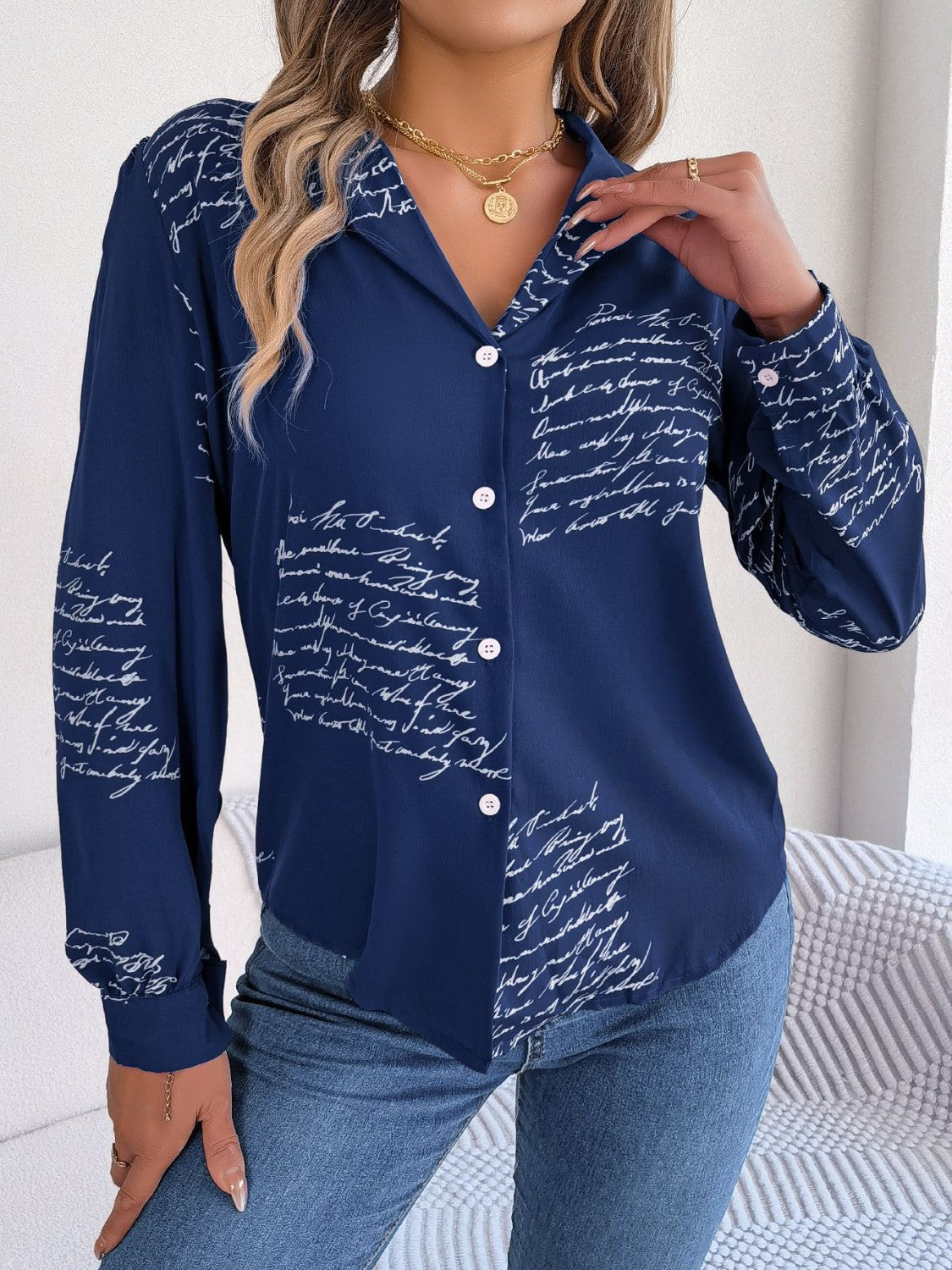Letter Printed Button Up Long Sleeve Blouse - Tantalize Boutique