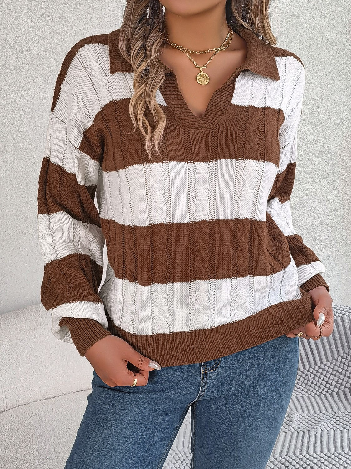 Cable-Knit Striped Long Sleeve Sweater - Tantalize Boutique