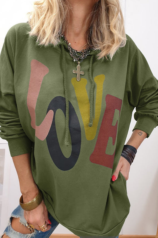 LOVE Drawstring Dropped Shoulder Hoodie - Tantalize Boutique