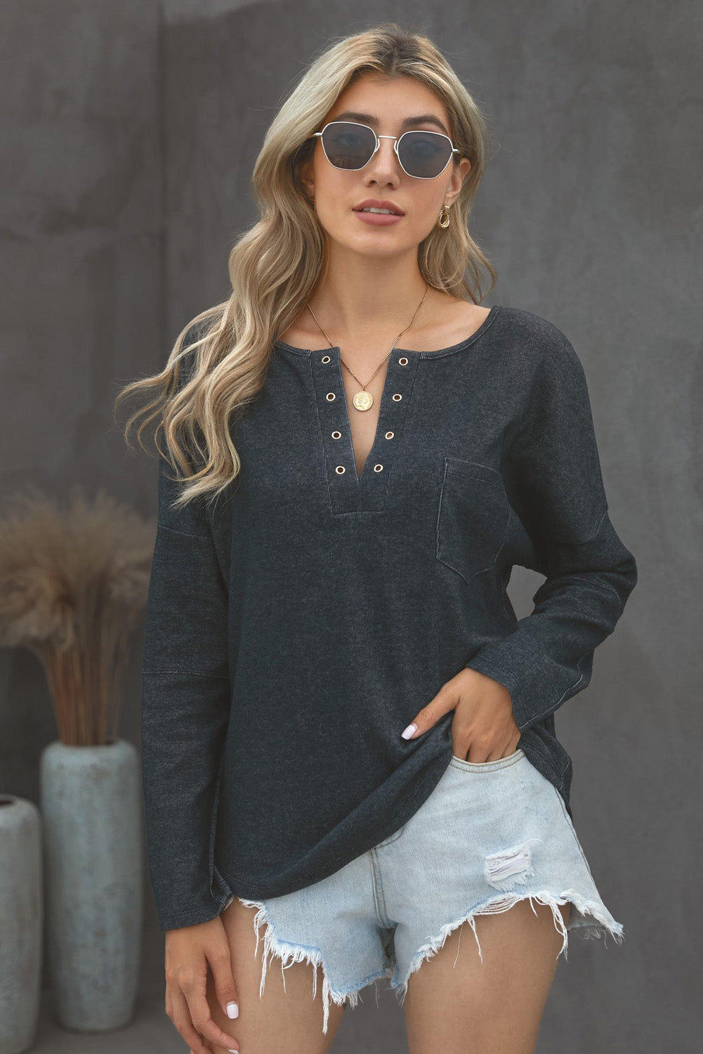 Grommet Long Sleeve V-Neck Top - Tantalize Boutique