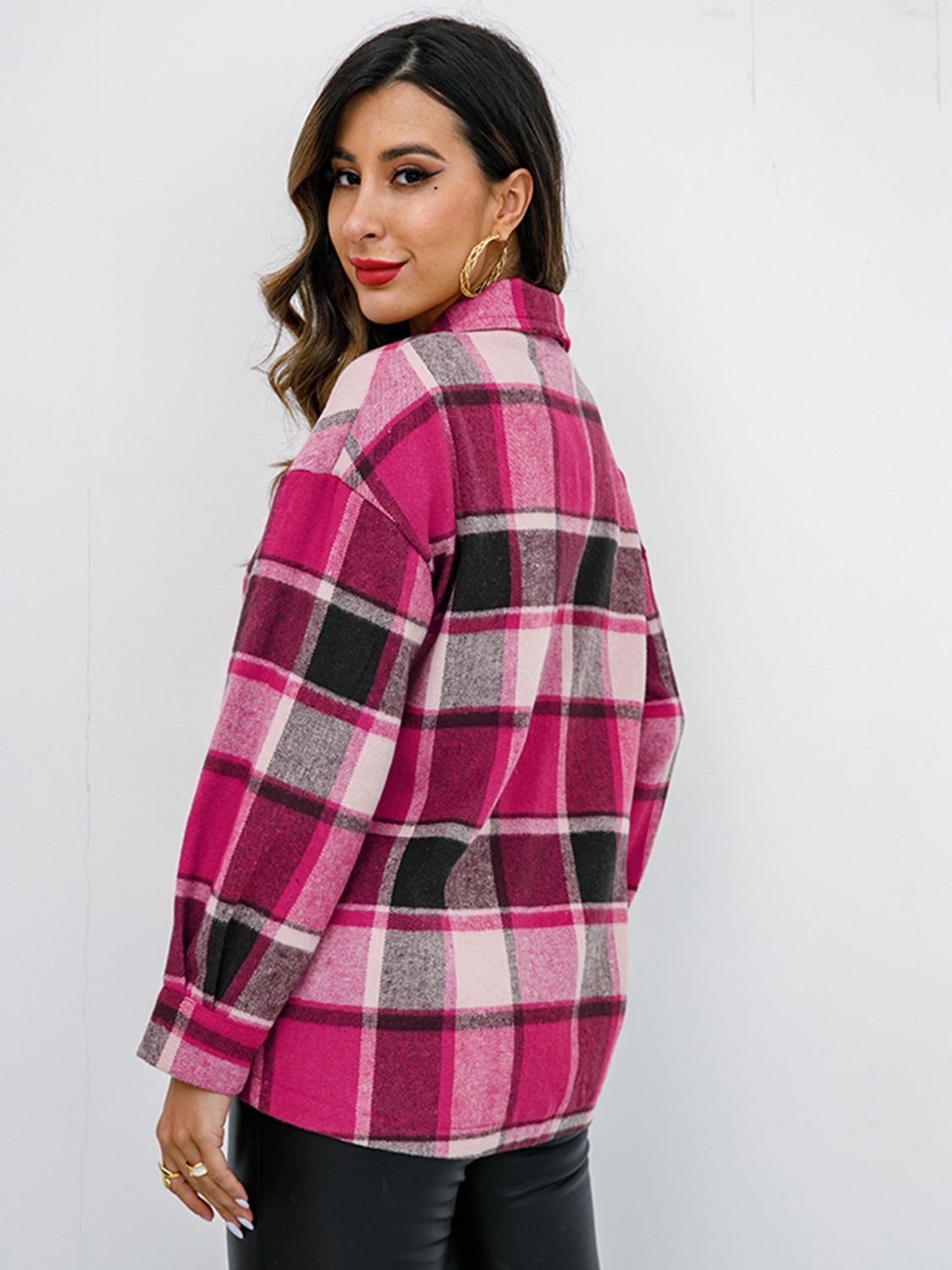 Plaid Button Up Collared Neck Jacket - Tantalize Boutique