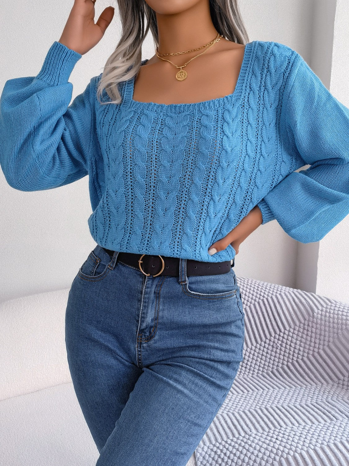 Cable-Knit Square Neck Long Sleeve Sweater - Tantalize Boutique