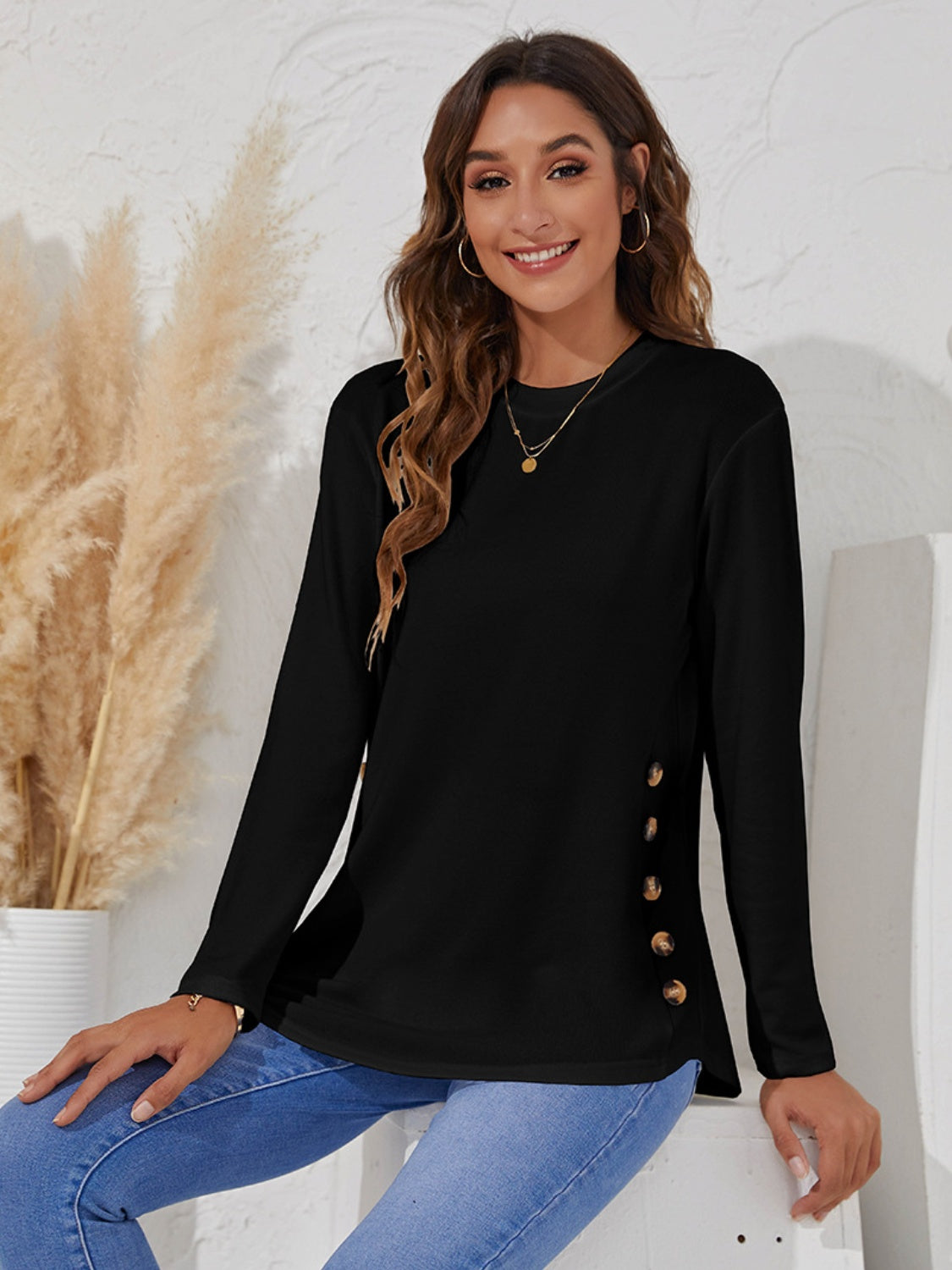 Decorative Button Round Neck Long Sleeve T-Shirt - Tantalize Boutique
