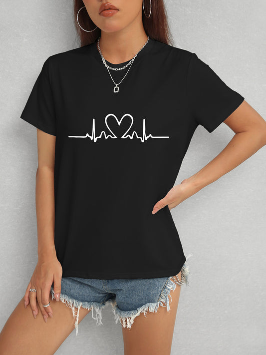 Heart Round Neck Short Sleeve T-Shirt - Tantalize Boutique